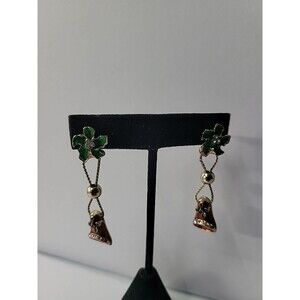 Vintage Enamel Christmas Bell Dangle Earrings Pierced Holly Leaves Red Green